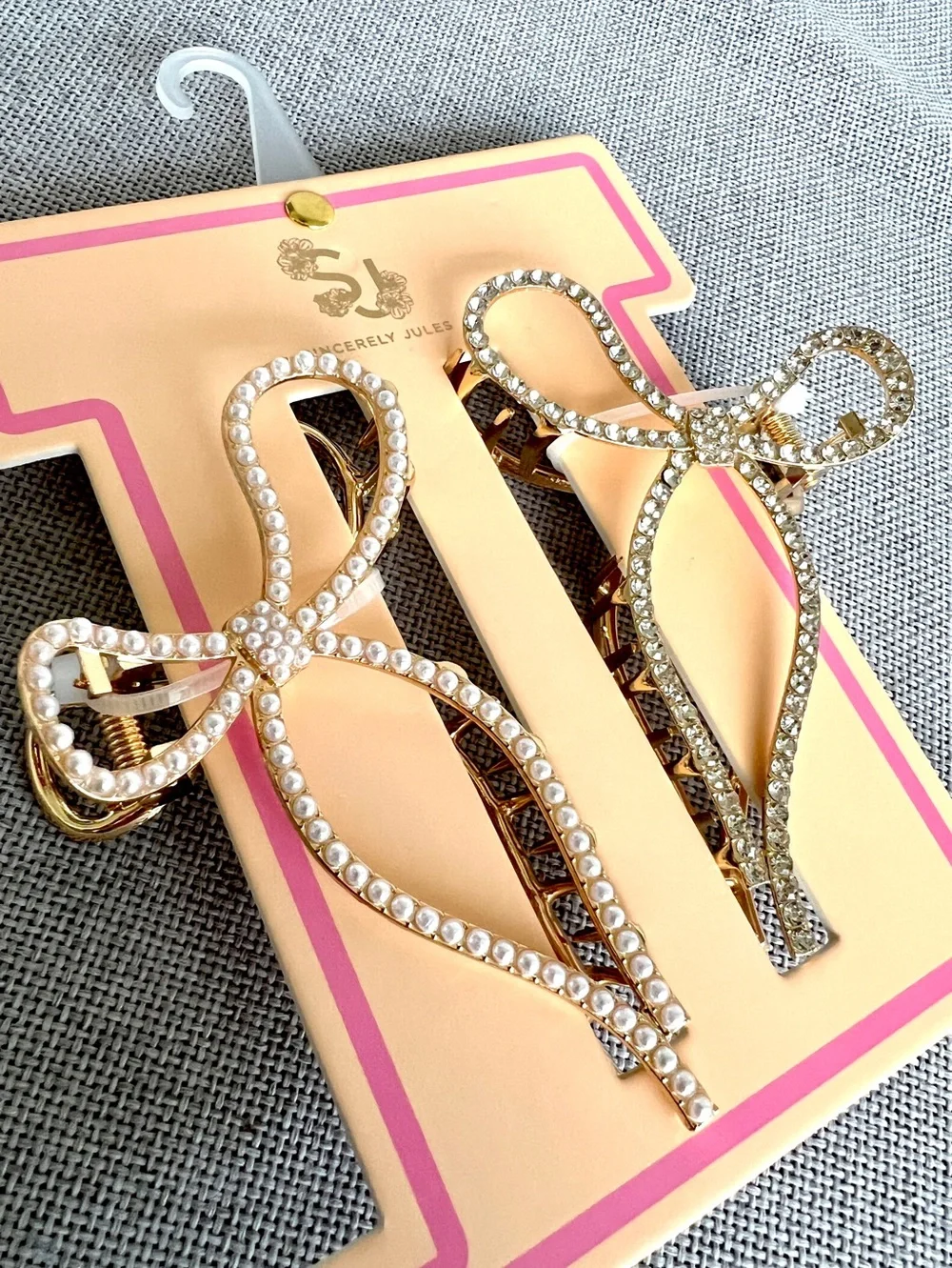 Sincerely Jules Pearl Crystal Bow Metal hair Claw clip set of 2 NWT